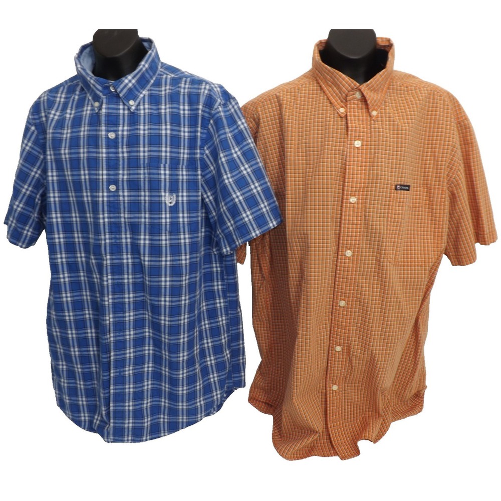 Ralph Lauren Chaps Mens Lot 2 Checkered Short Sleeve Shirts Orange L Blue M